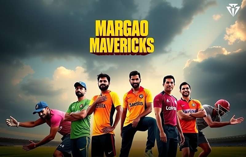 Margao Mavericks Official Game Cover Margao Mavericks game cover featuring cricket and football players in vibrant Goan team jerseys